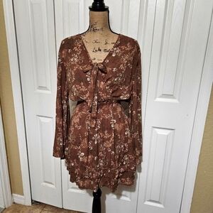 Peach Love California New Brown/Floral Bell Sleeve Tie Dress Size S